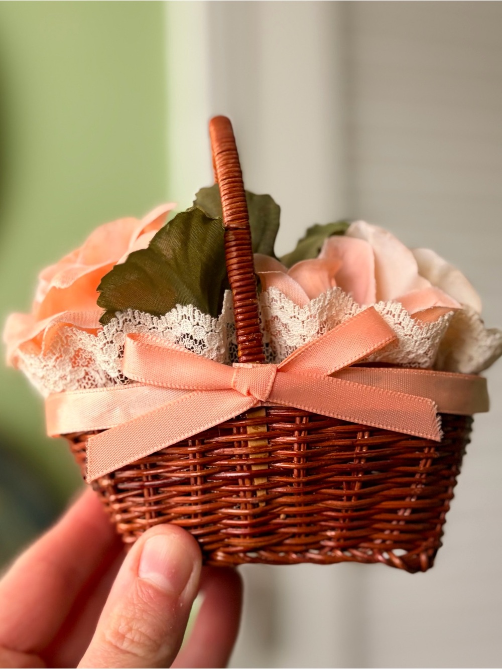 Vintage Handmade Peach Ribbon Wicker Basket with Floral Accent